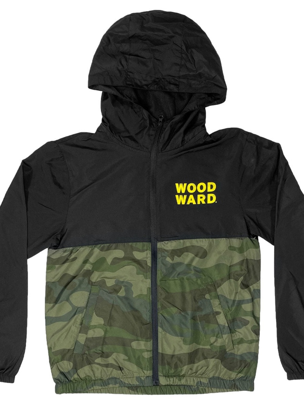 Woodward YSM Hooded Windbreaker Jacket Black Green Camo Full Zip Lightweight